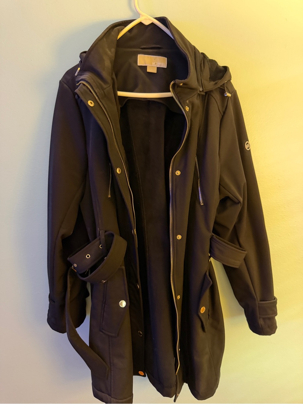 Michael Kors Hooded Trench Coat in Black with Gold Hardware